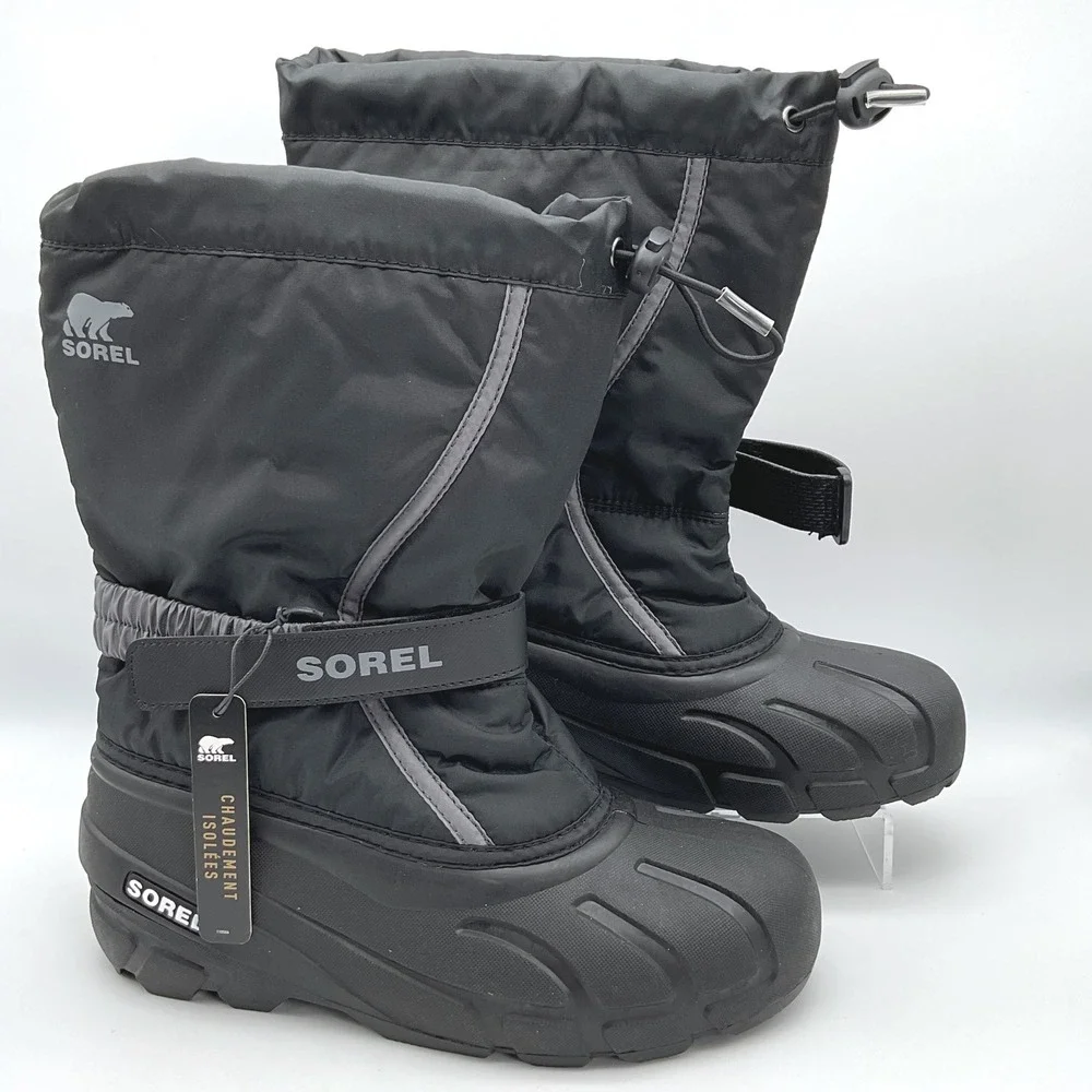 Sorel Youth Flurry Black City Grey Insulated Winter Snow Boots NY5192-016 Size 6
